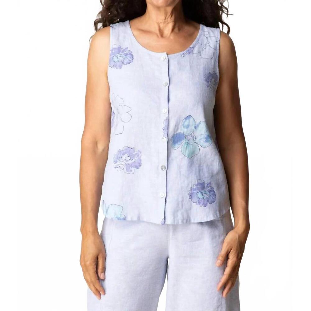 NEW HABITAT linen floral pleat back tank top in cornflower